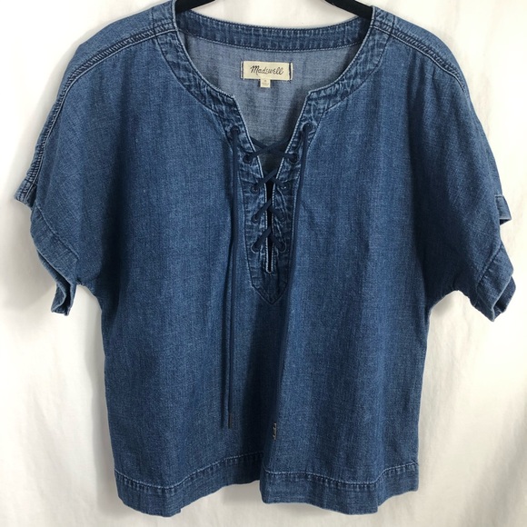 Madewell chambray lace front short sleeve top - Picture 2 of 7